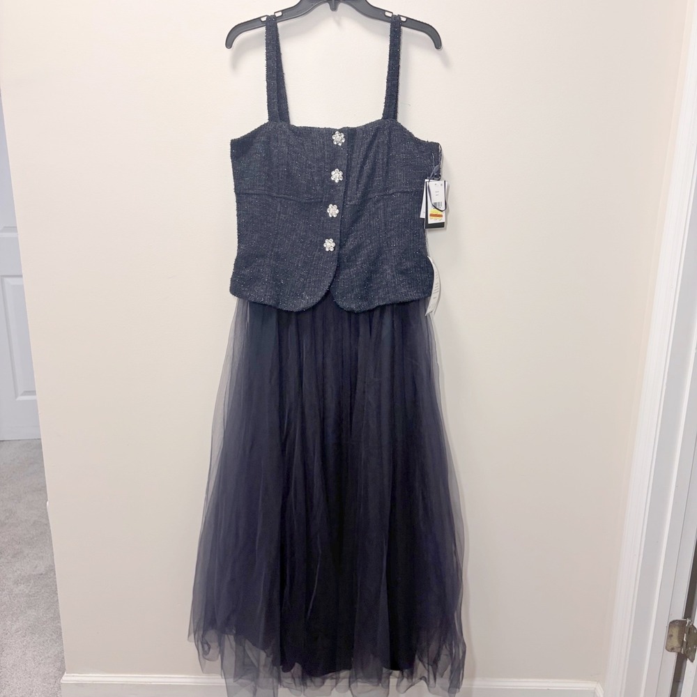 Taylor Navy Tweed and Tulle Sleeveless Gown with Rhinestone Buttons Size 14
